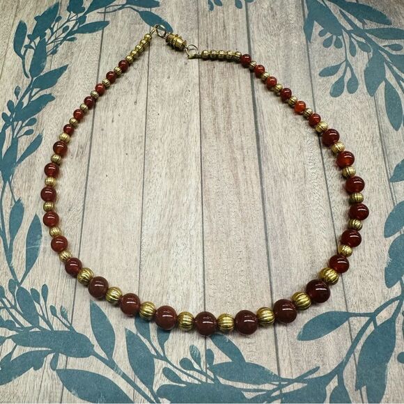 Orange Glass And Gold Bead Vintage Necklace 18 In B2 - Picture 1 of 3